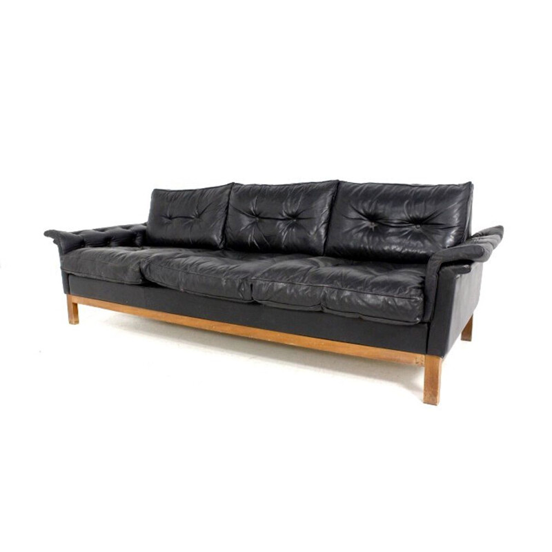 Vintage leather sofa, beechwood Sweden, 1960