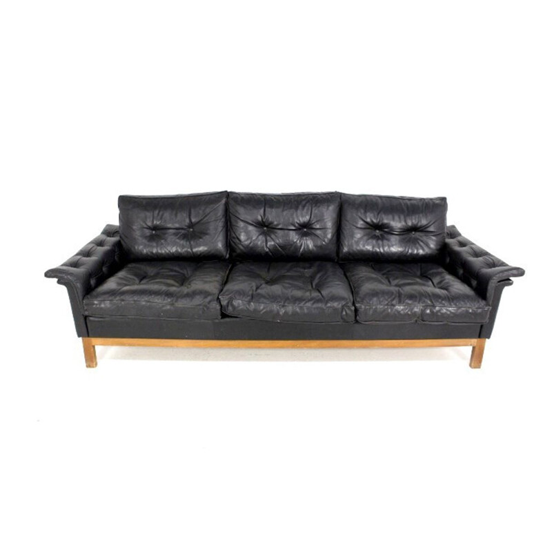 Vintage leather sofa, beechwood Sweden, 1960