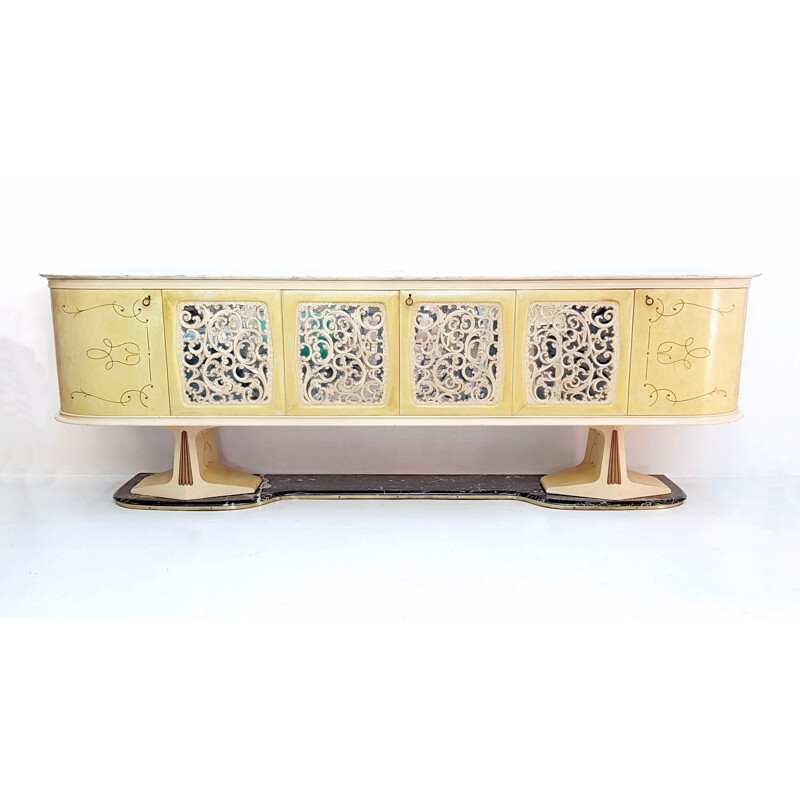 Credenza vintage in pergamena e base in marmo, Italia1959