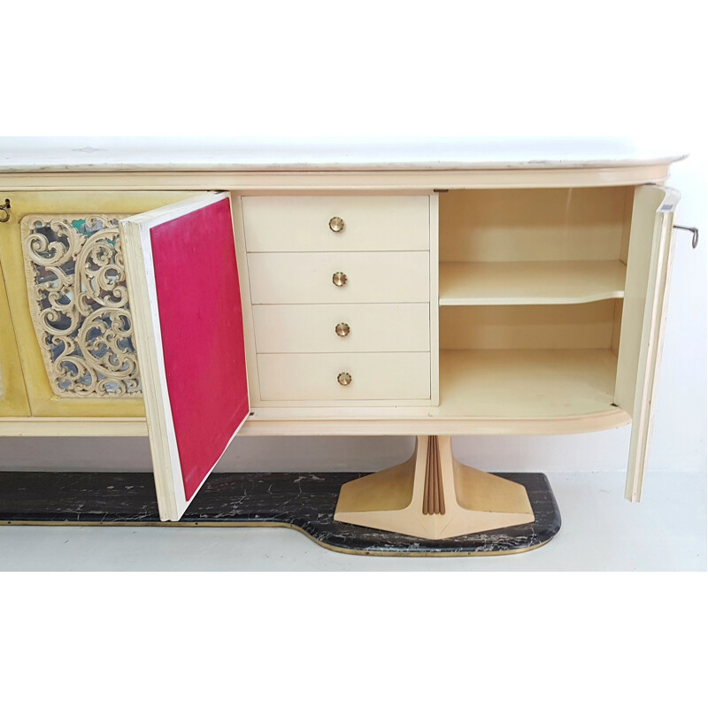 Vintage parchment sideboard with marble base, Italy1959