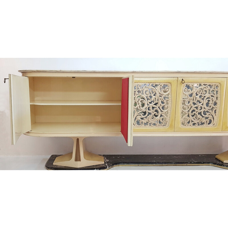 Credenza vintage in pergamena e base in marmo, Italia1959