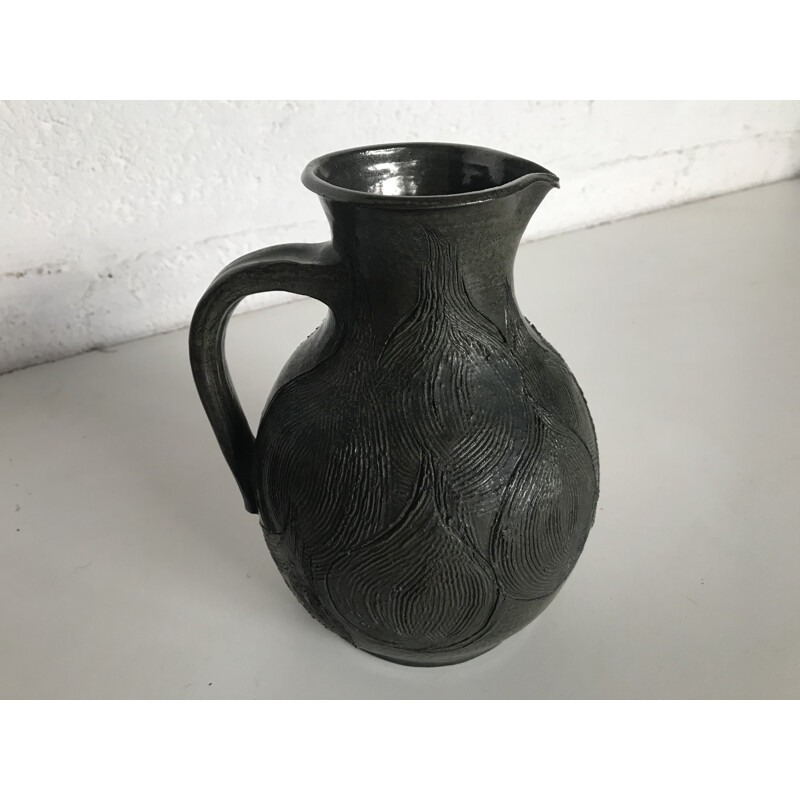 Vintage Green enamelled ceramic jug with chiselled design Ariane