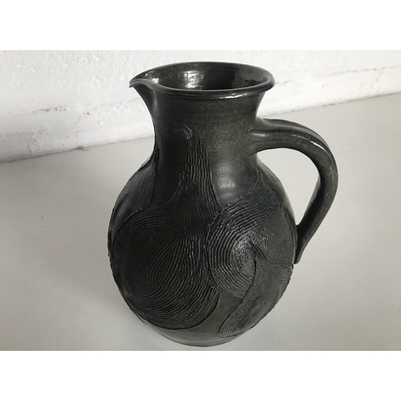 Vintage Green enamelled ceramic jug with chiselled design Ariane