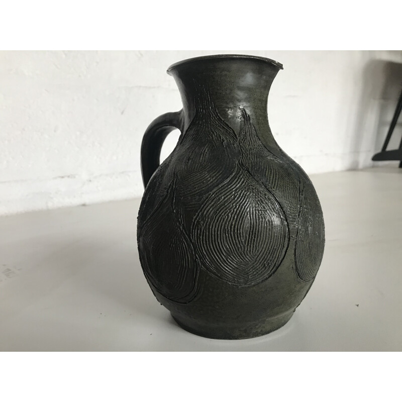 Vintage Green enamelled ceramic jug with chiselled design Ariane