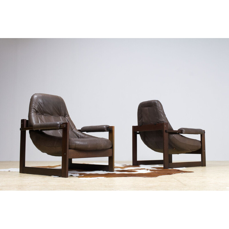 Pair of Percival Lafer vintage leather and brown wood lounge armchairs 1960