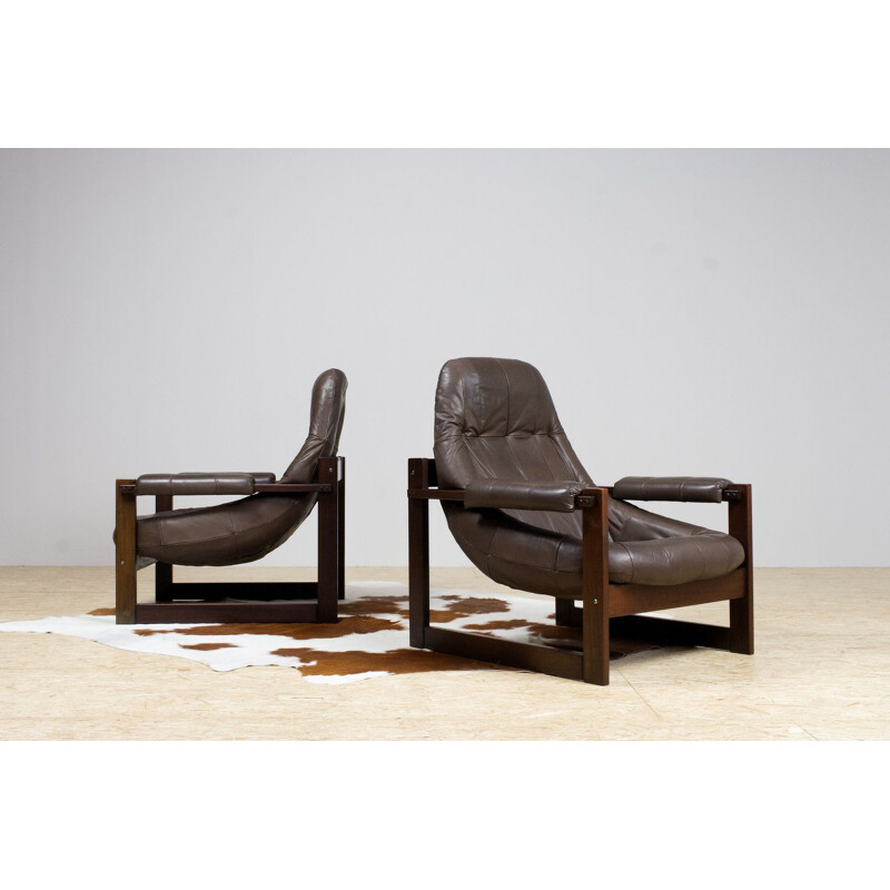 Pair of Percival Lafer vintage leather and brown wood lounge armchairs 1960