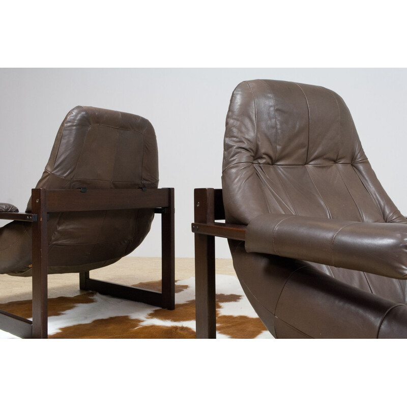 Pair of Percival Lafer vintage leather and brown wood lounge armchairs 1960