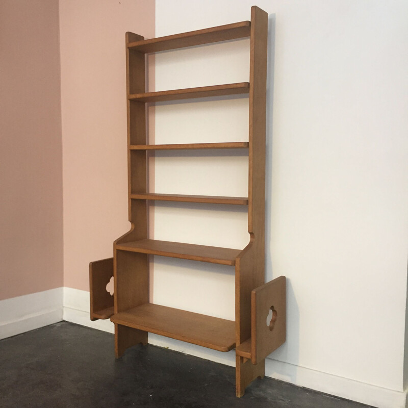 Vintage solid oak shelf by robert guillerme and jacques chambron