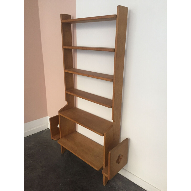 Vintage solid oak shelf by robert guillerme and jacques chambron
