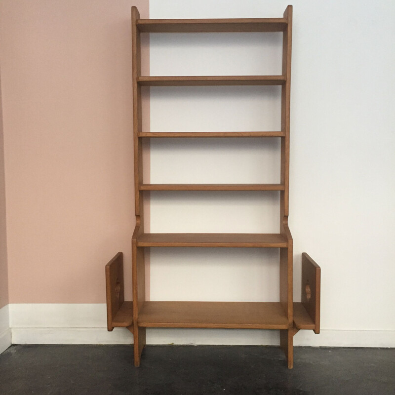 Vintage solid oak shelf by robert guillerme and jacques chambron