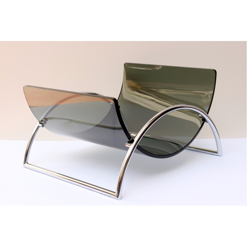 Magazine rack model "Space Age" in smoked glass and chrome metal - 1970s