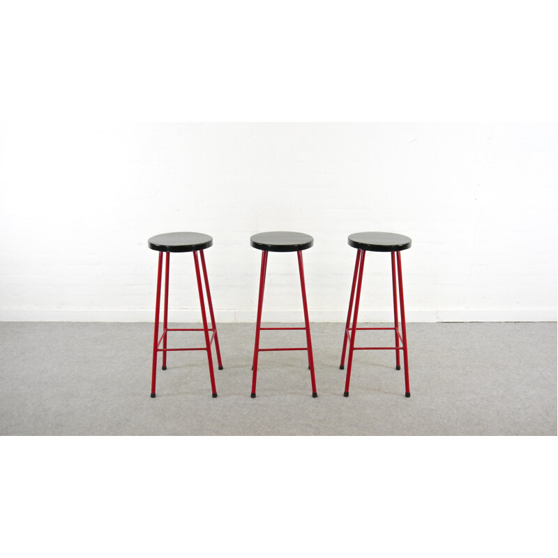 Midcentury Set of 3 Bar Stools in Red and Black, 1970s