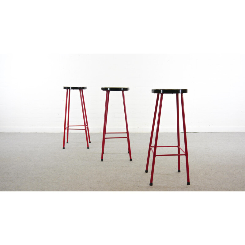 Midcentury Set of 3 Bar Stools in Red and Black, 1970s