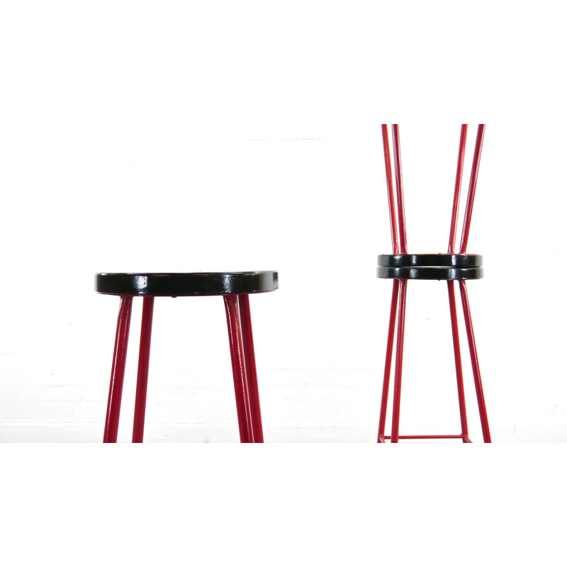 Midcentury Set of 3 Bar Stools in Red and Black, 1970s