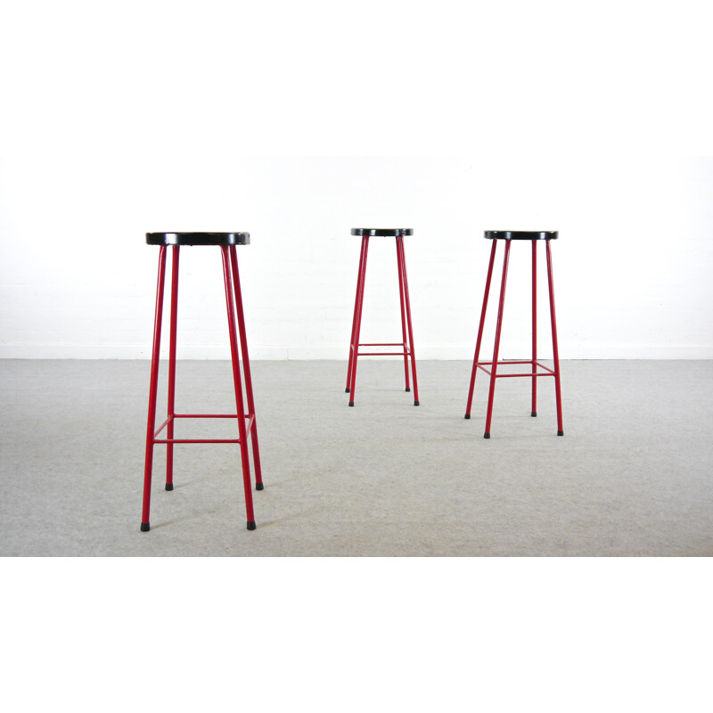 Mid Century Set of 3 Bar Stools in red and black,1970s