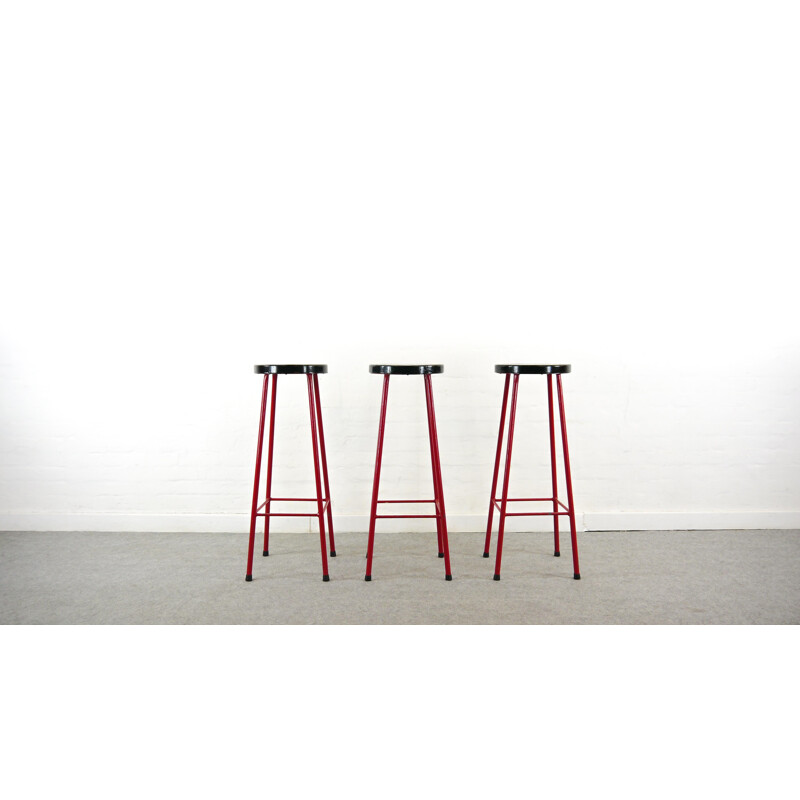 Mid Century Set of 3 Bar Stools in red and black,1970s