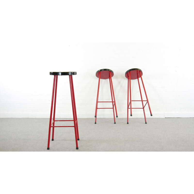 Mid Century Set of 3 Bar Stools in red and black,1970s