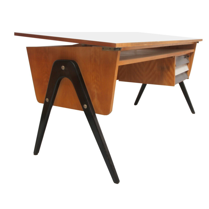 German wooden desk with compass legs - 1950s