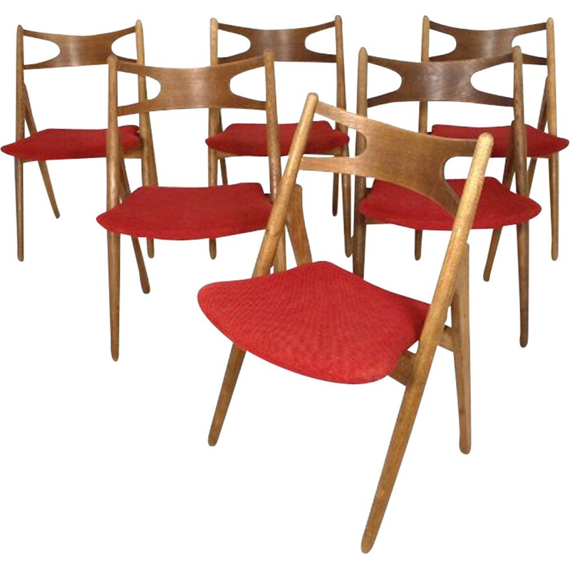 Ensemble de 6 chaises vintage en chêne et teck 'Sawbuck CH29' Hans J. Wegner, Carl Hansen et Son, 1960