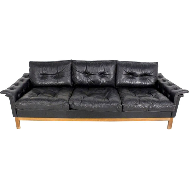 Vintage leather sofa, beechwood Sweden, 1960