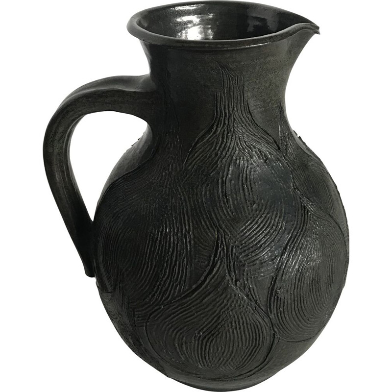 Vintage Green enamelled ceramic jug with chiselled design Ariane