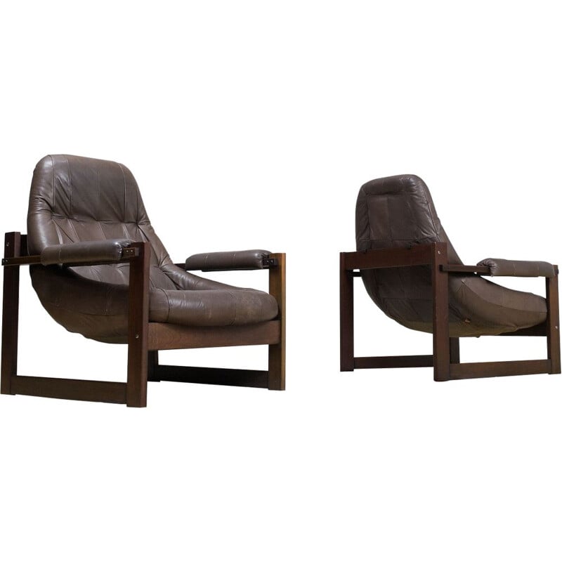 Pair of Percival Lafer vintage leather and brown wood lounge armchairs 1960