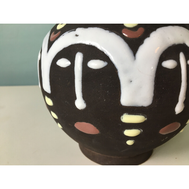 Vase ethnique vintage en céramique émaillée polychrome