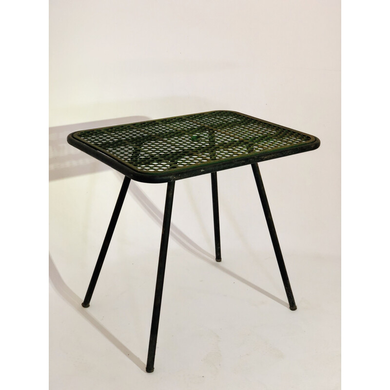 Vintage metal table with green top and black foot by René Malaval