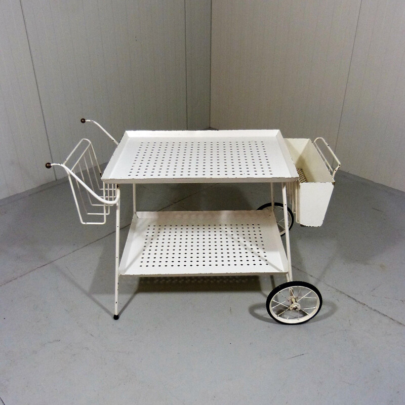 Vintage perforated steel serving cart and bed table, 1950