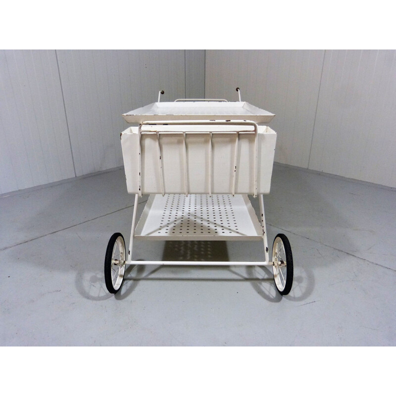 Vintage perforated steel serving cart and bed table, 1950