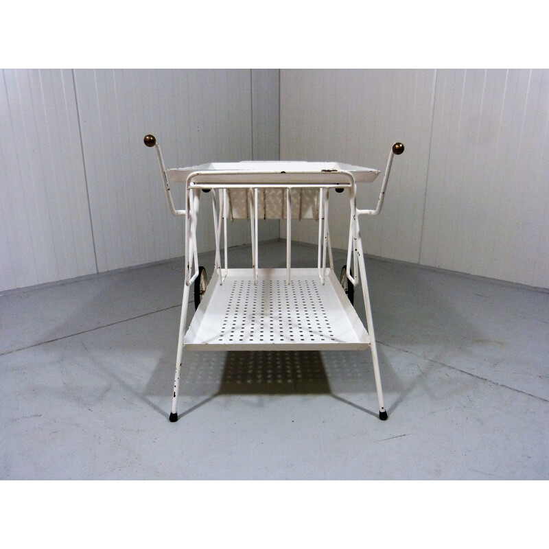 Vintage perforated steel serving cart and bed table, 1950