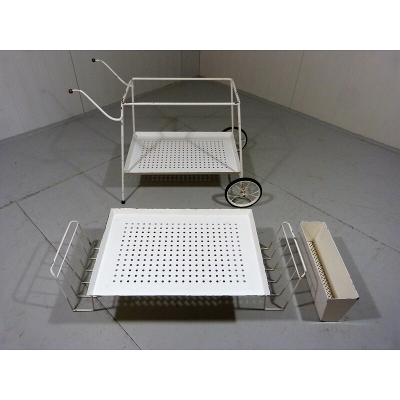 Vintage perforated steel serving cart and bed table, 1950