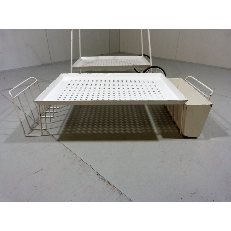 Vintage perforated steel serving cart and bed table, 1950