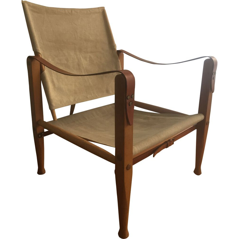 Vintage safari armchair by Kaare Klint for Rasmussen linen and leather fabrics 