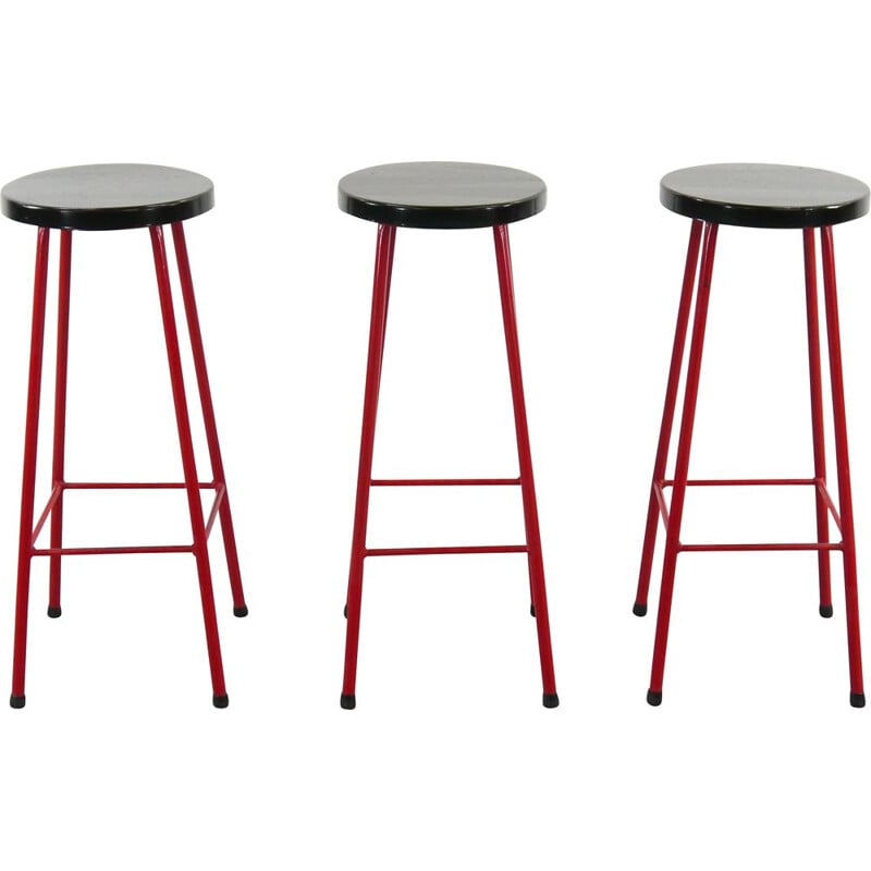 Midcentury Set of 3 Bar Stools in Red and Black, 1970s