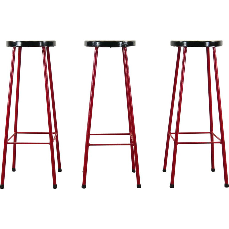 Mid Century Set of 3 Bar Stools in red and black,1970s
