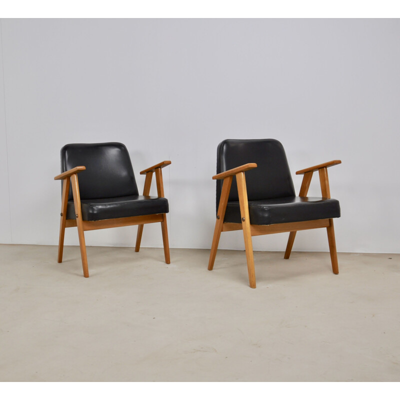 Pair of Model 366 Easy Chairs in black leather by Jozef Chierowski 1960s