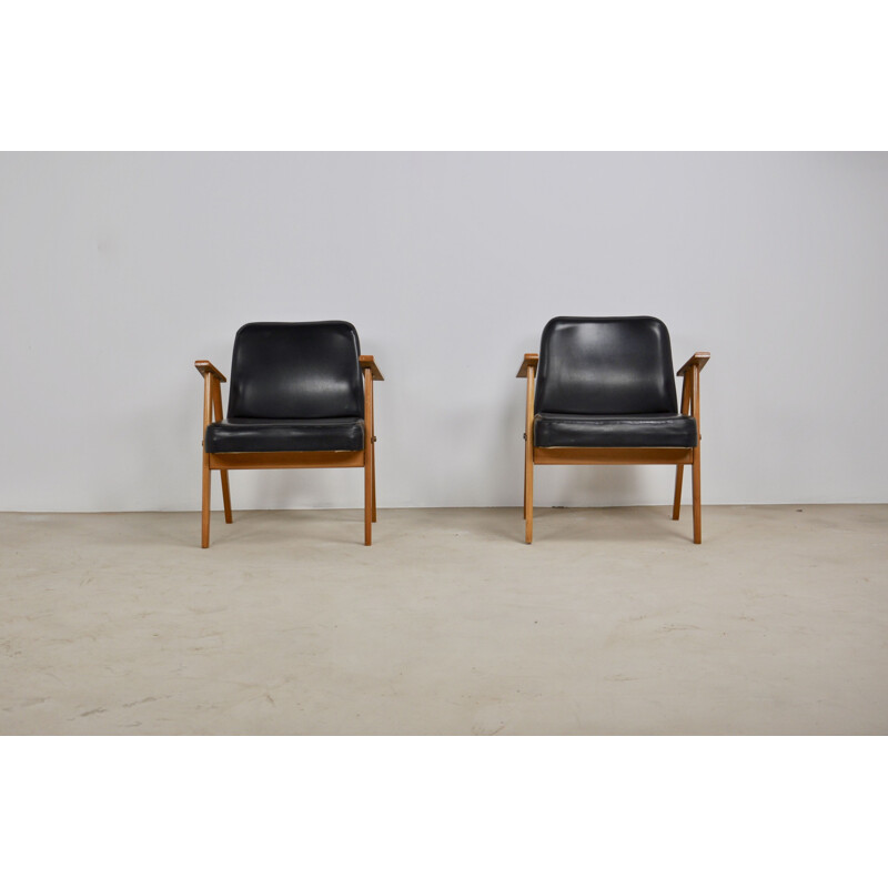 Pair of Model 366 Easy Chairs in black leather by Jozef Chierowski 1960s