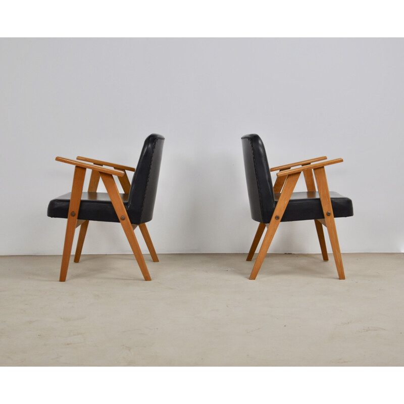 Pair of Model 366 Easy Chairs in black leather by Jozef Chierowski 1960s