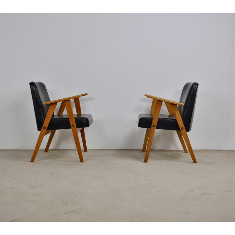 Pair of Model 366 Easy Chairs in black leather by Jozef Chierowski 1960s