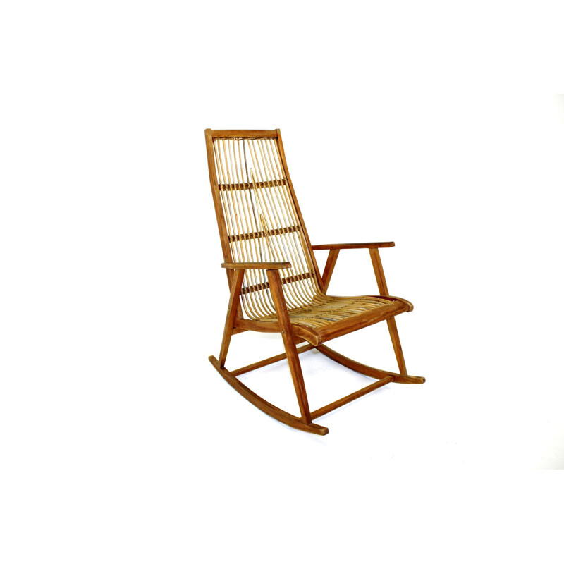 Vintage beech and rattan Rocking-Chair, Sweden, 1960