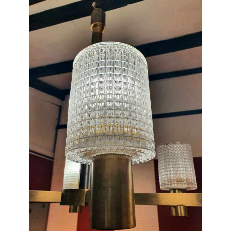 Vintage Hanging lamp By Carl Fagerlund - Orrefors - 6 Arms Of Light - Crystal and Brass - 1950