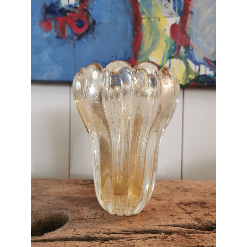 Vase vintage Murano verrerie avec paillettes dorées,  Italie 1970