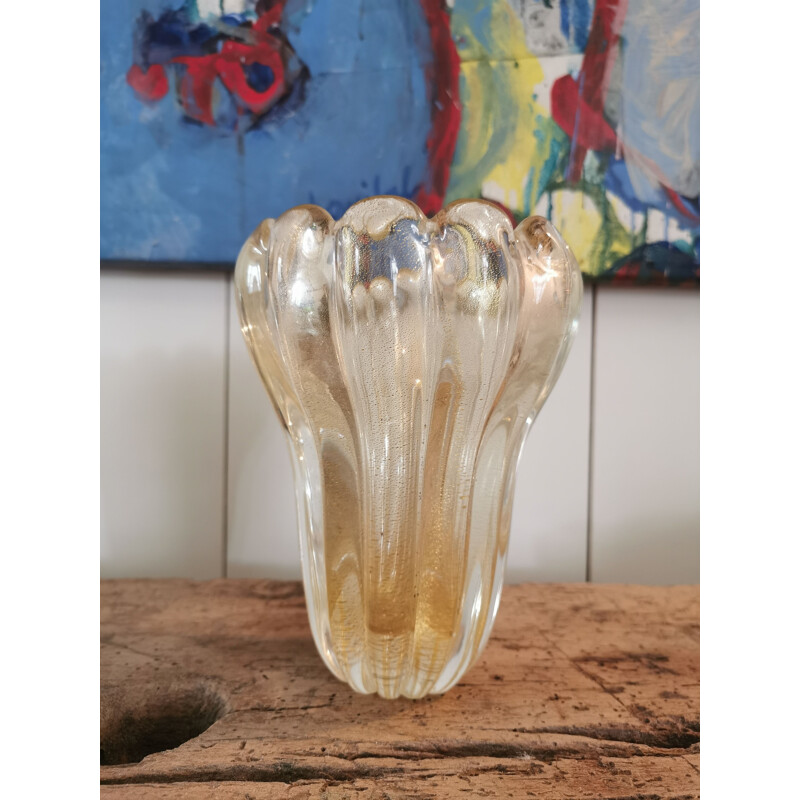 Vintage Murano glaswerk vaas met gouden lovertjes, Italië 1970