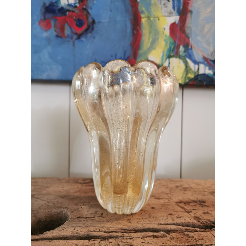 Jarrón vintage de cristal de Murano con lentejuelas doradas, Italia 1970