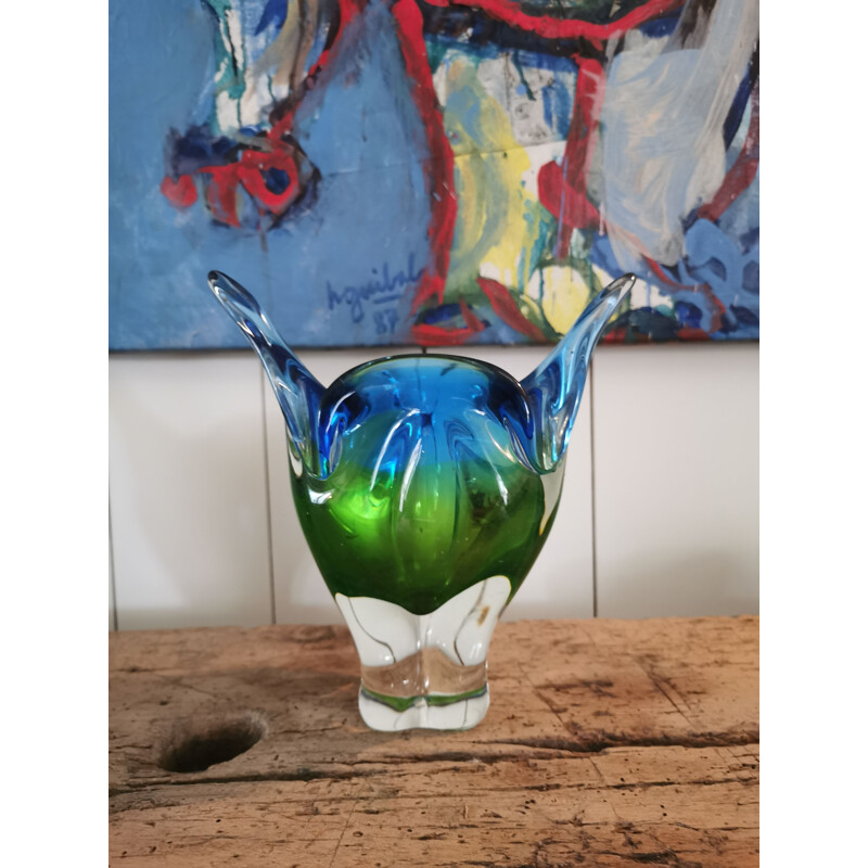 Vaso vintage in vetro di Murano con sfumature blu e verdi, 1970