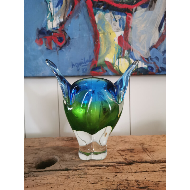 Vintage Vase mit blauem und grünem Farbverlauf von Murano Glaswaren, 1970