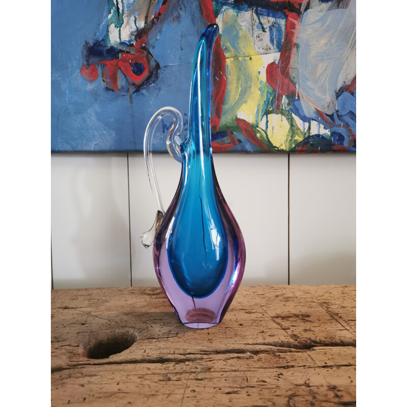 Vaso vintage in cristallo di Murano blu 1970
