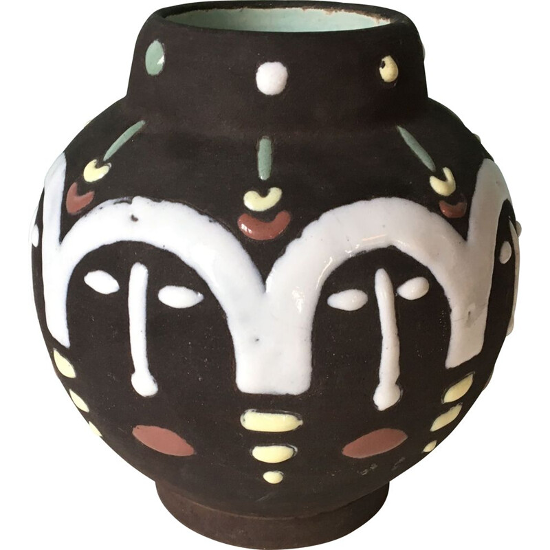 Vase ethnique vintage en céramique émaillée polychrome