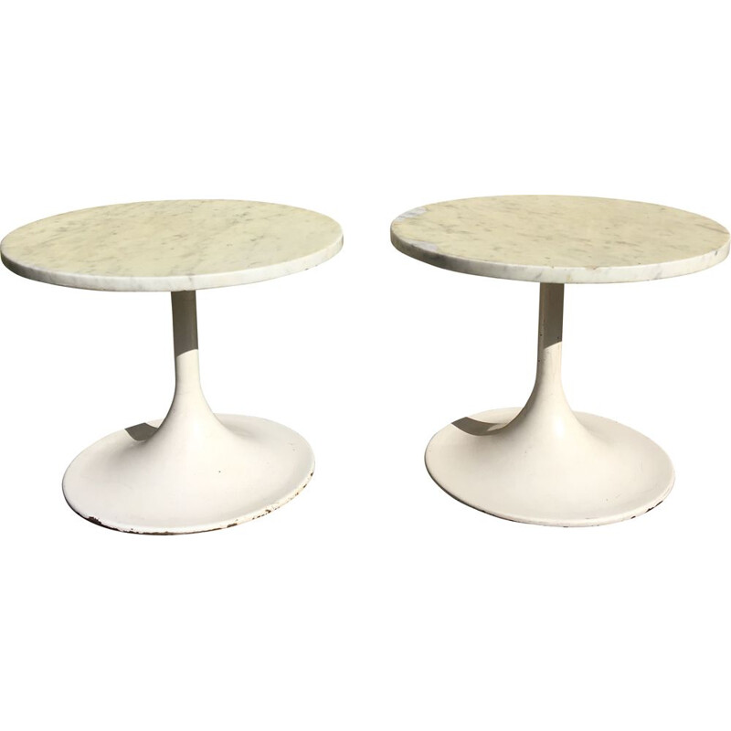 Pair of vintage circular marble pedestal tables, 1970
